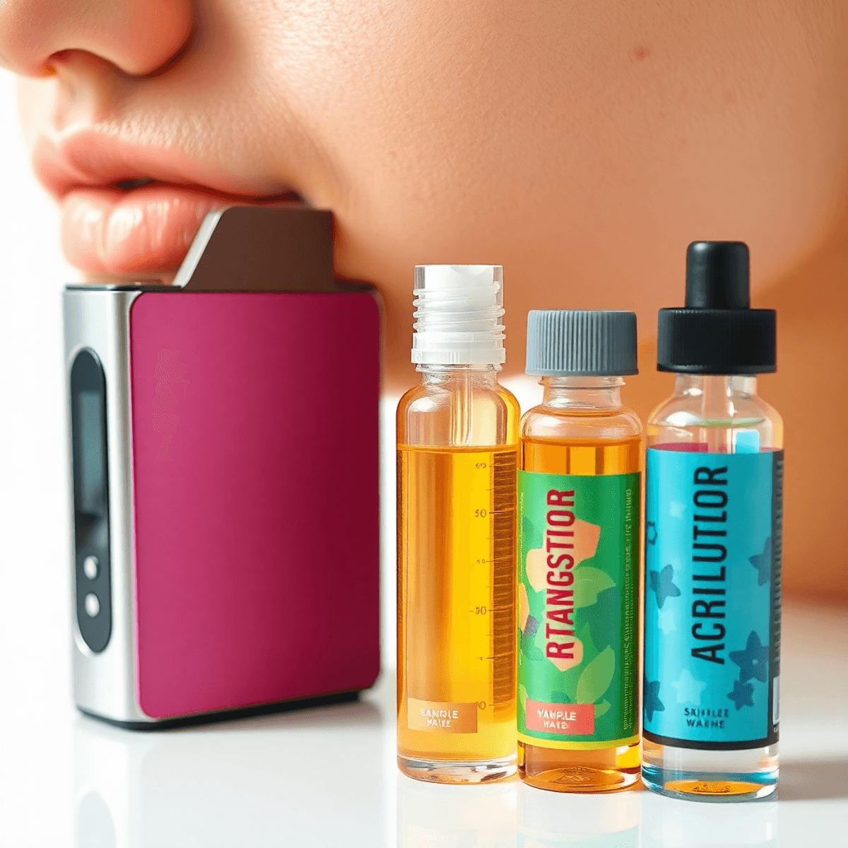 Close-up of clear skin beside a sleek vape device and colorful e-liquid bottles on a bright, clean background.