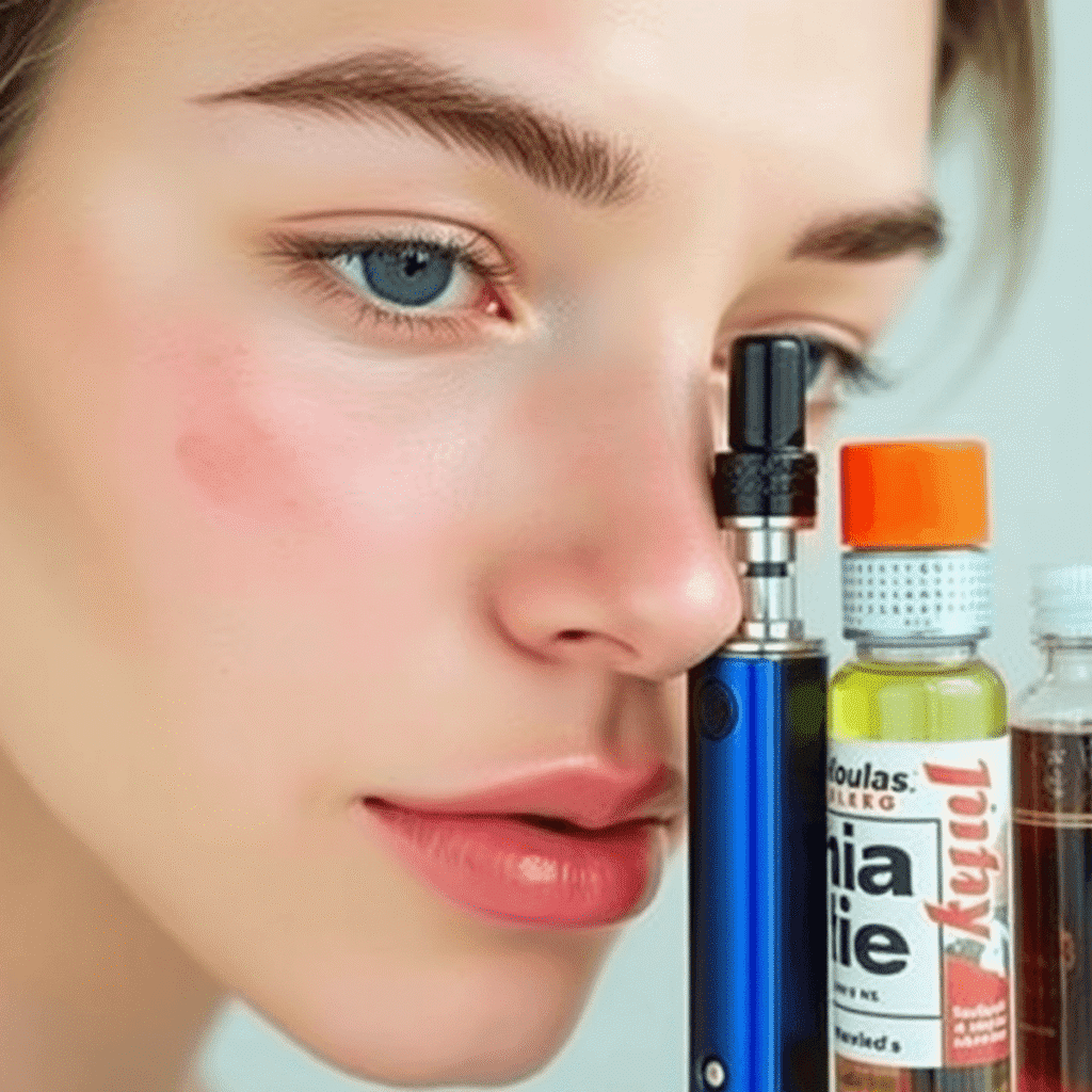 Close-up of clear skin with subtle acne blemishes beside a sleek vape device and colorful e-liquid bottles on a bright background.