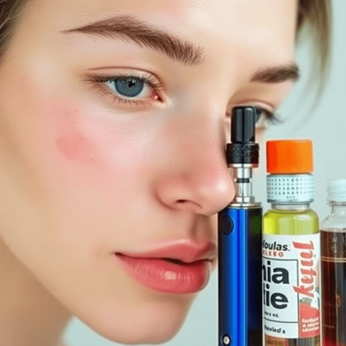 Close-up of clear skin with subtle acne blemishes beside a sleek vape device and colorful e-liquid bottles on a bright background.
