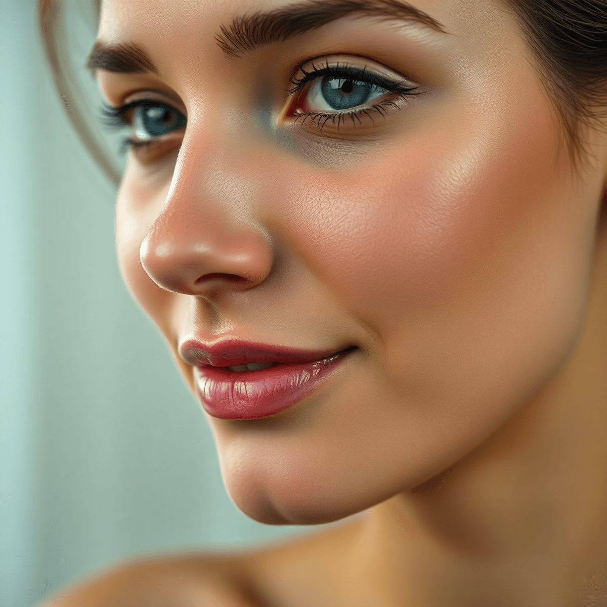 Close-up of radiant, healthy skin on a young woman with a soft glow, contrasted by a faded vaping device in the background symbolizing skin aging e...