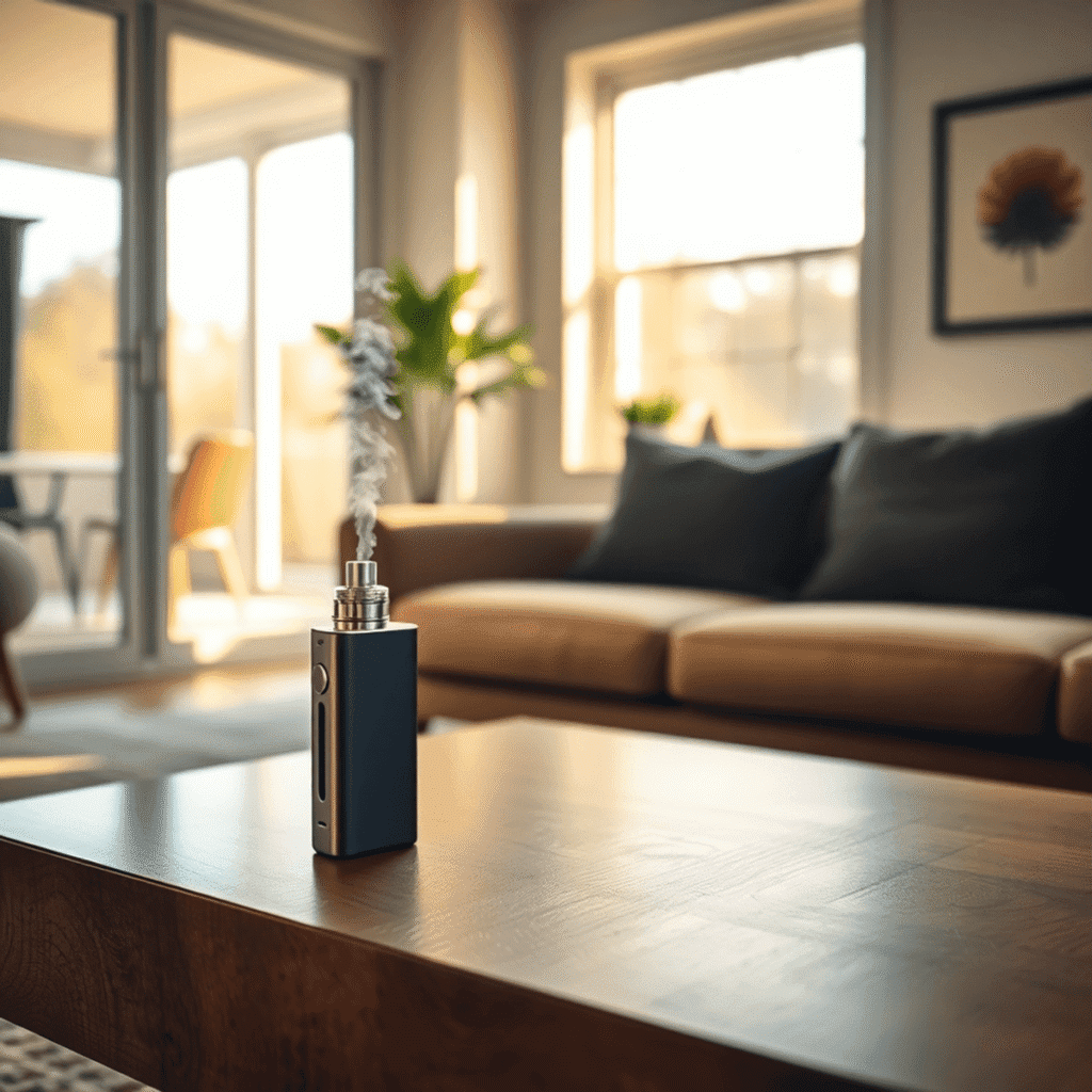 Cozy modern living room with a sleek vape device on a table emitting subtle vapor, bathed in soft natural light creating a calm atmosphere.