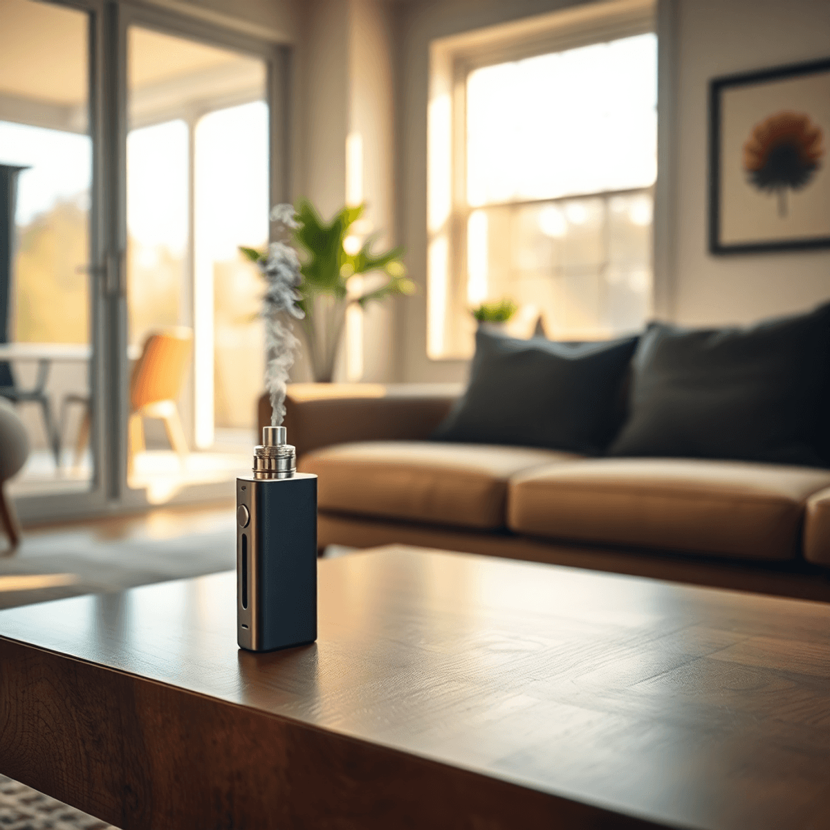 Cozy modern living room with a sleek vape device on a table emitting subtle vapor, bathed in soft natural light creating a calm atmosphere.