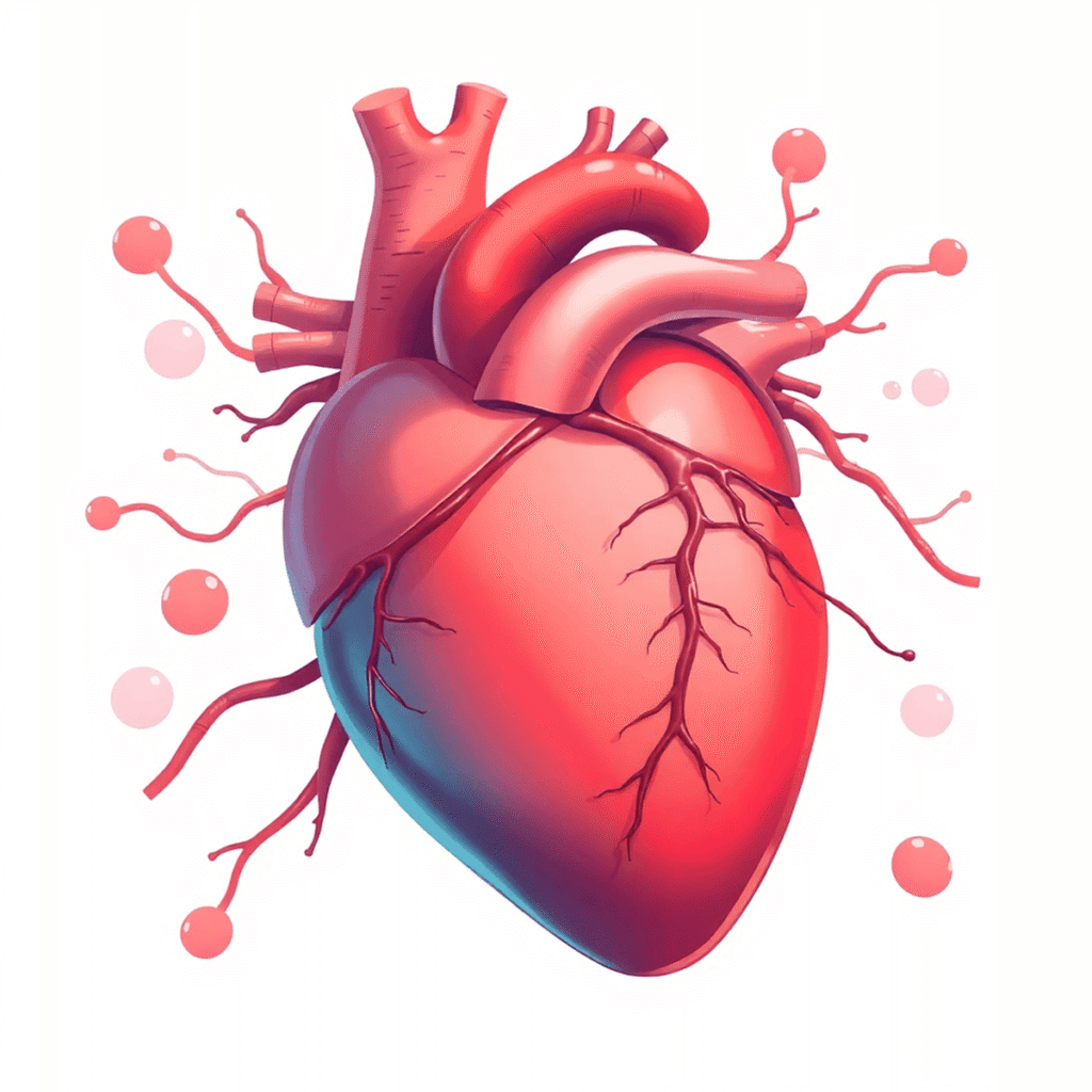 Close-up illustration of a human heart with stylized arteries and abstract vapor clouds in red and blue tones on a light background.