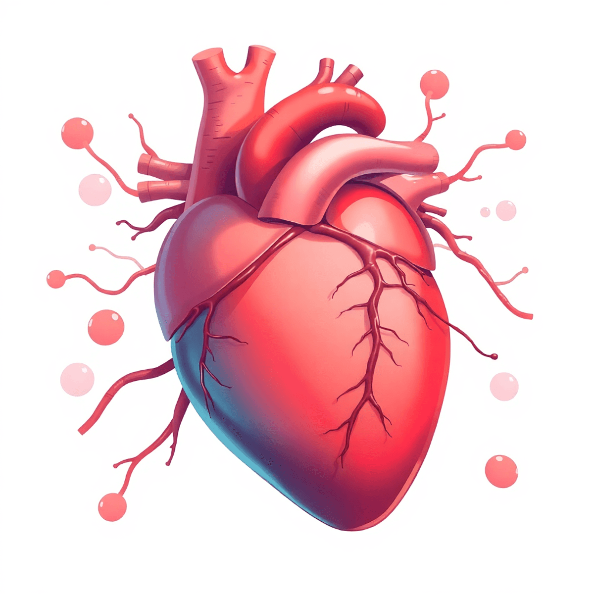 Close-up illustration of a human heart with stylized arteries and abstract vapor clouds in red and blue tones on a light background.