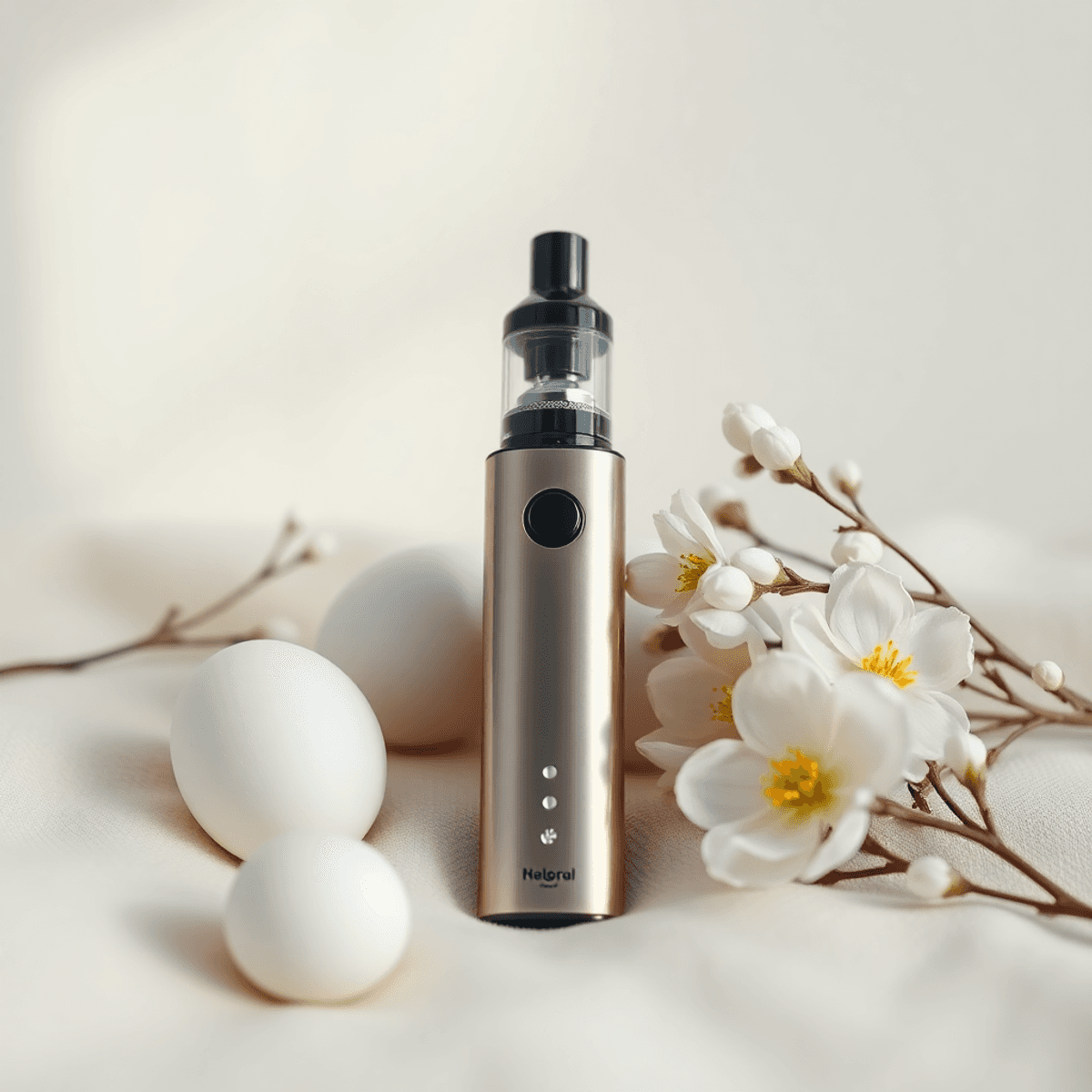 Close-up of a sleek vape device on a soft surface beside smooth white eggs and blooming flowers, with soft natural lighting and a neutral background.