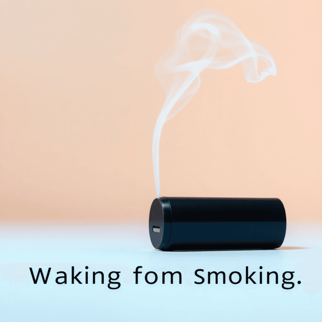 Close-up of a sleek vape device releasing gentle swirling vapor against a soft background, with warm lighting evoking calmness and positive change.