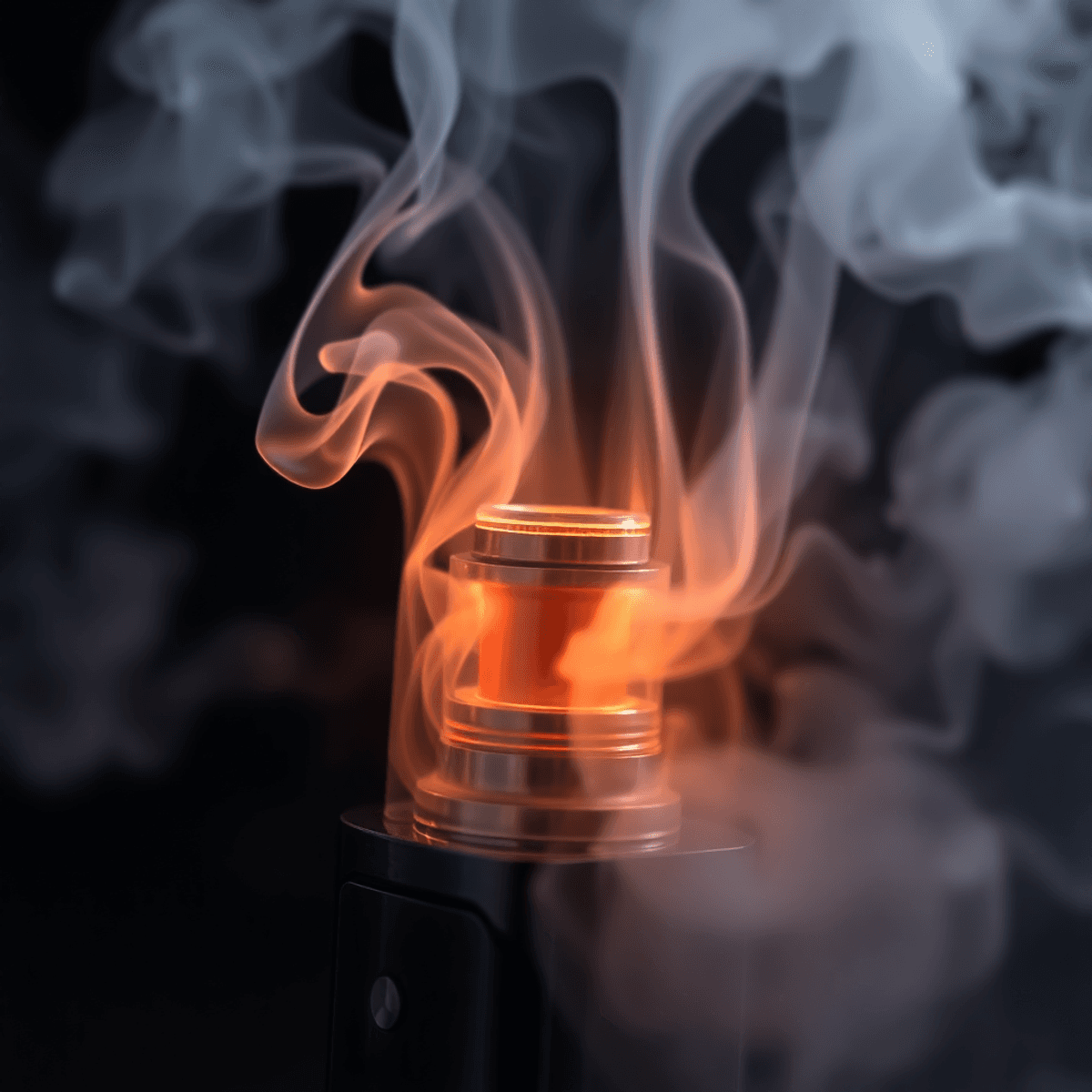 Close-up of a glowing vape coil inside a sleek vaping device with soft vapor clouds against a dark, blurred background, highlighting warmth and care.