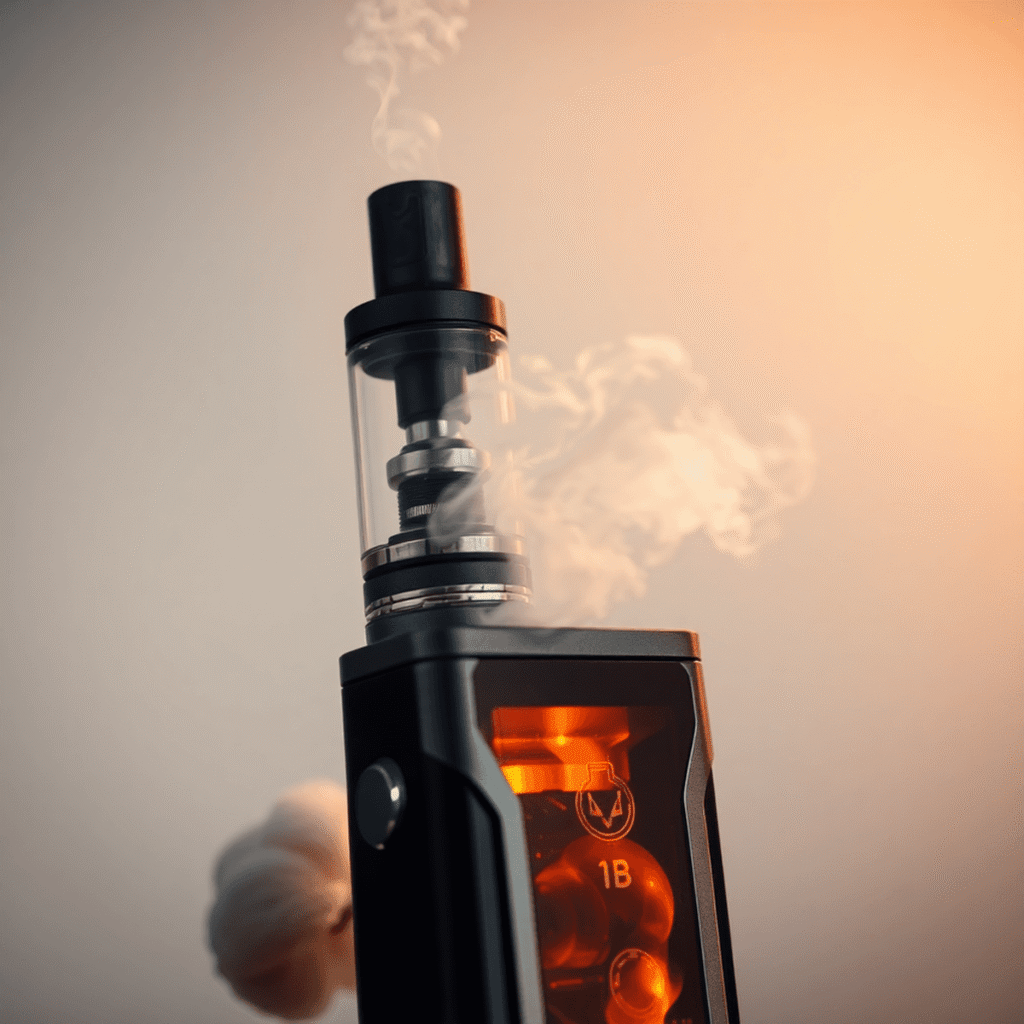 Close-up of a modern vape device emitting vapor, surrounded by glowing coils and cotton wicks, set against a soft gradient background symbolizing b...