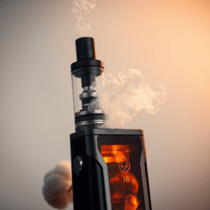 Close-up of a modern vape device emitting vapor, surrounded by glowing coils and cotton wicks, set against a soft gradient background symbolizing b...