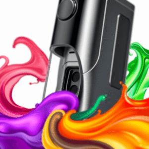 Close-up of a sleek vape device with adjustable airflow, surrounded by vibrant colorful swirls on a clean, minimalist background.