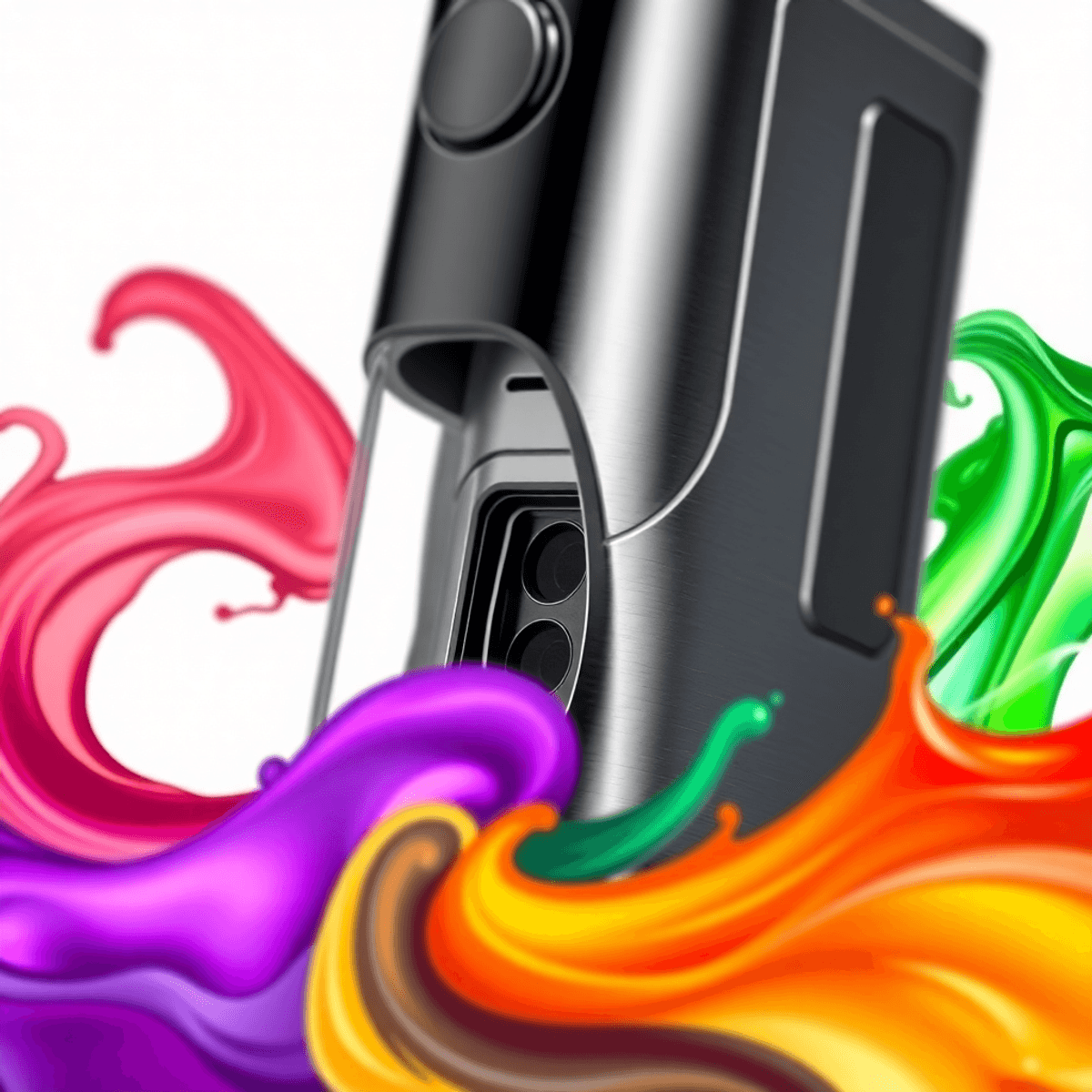 Close-up of a sleek vape device with adjustable airflow, surrounded by vibrant colorful swirls on a clean, minimalist background.
