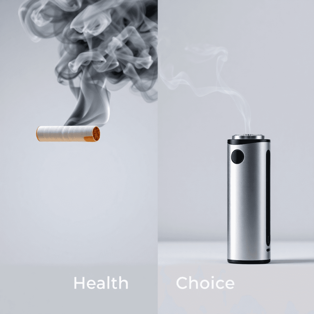 Split image: traditional cigarette with dark smoke on left, modern vape device with light vapor on right, neutral background symbolizing health and...