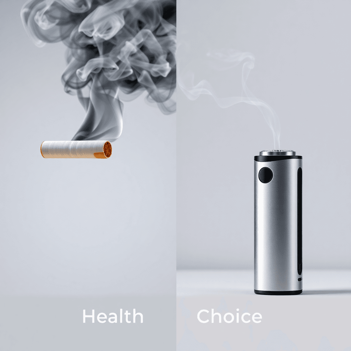 Split image: traditional cigarette with dark smoke on left, modern vape device with light vapor on right, neutral background symbolizing health and...