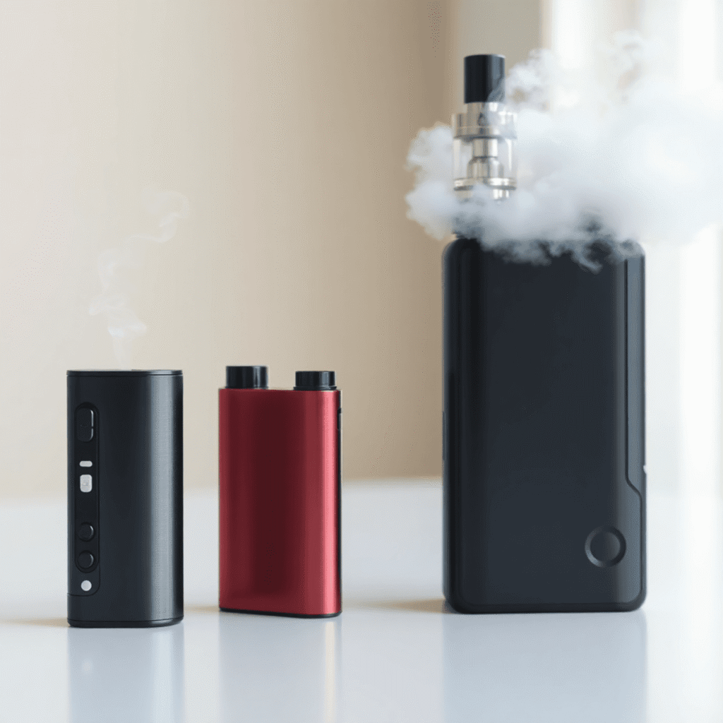 Two sleek vaping devices side by side on a clean surface with subtle and dense vapor, highlighted by soft natural lighting.