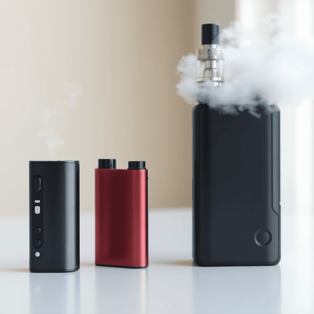 Two sleek vaping devices side by side on a clean surface with subtle and dense vapor, highlighted by soft natural lighting.